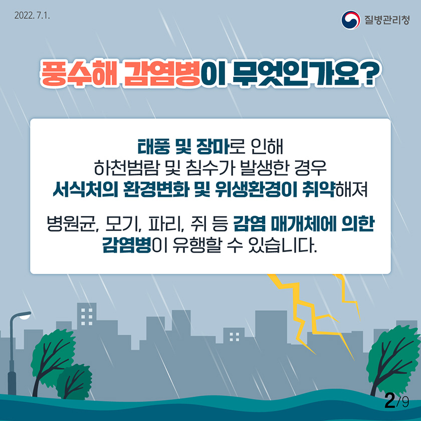 [2022년 7월 1일 질병관리청] 풍수해 감염병이 무엇인가요? 태풍 및 장마로 인해 하천범람 및 침수가 발생한 경우 서식처의 환경변화 및 위생환경이 취약해져 병원균, 모기, 파리, 쥐 등 감염 매개체에 의한 감염병이 유행할 수 있습니다. [9페이지 중 2페이지]